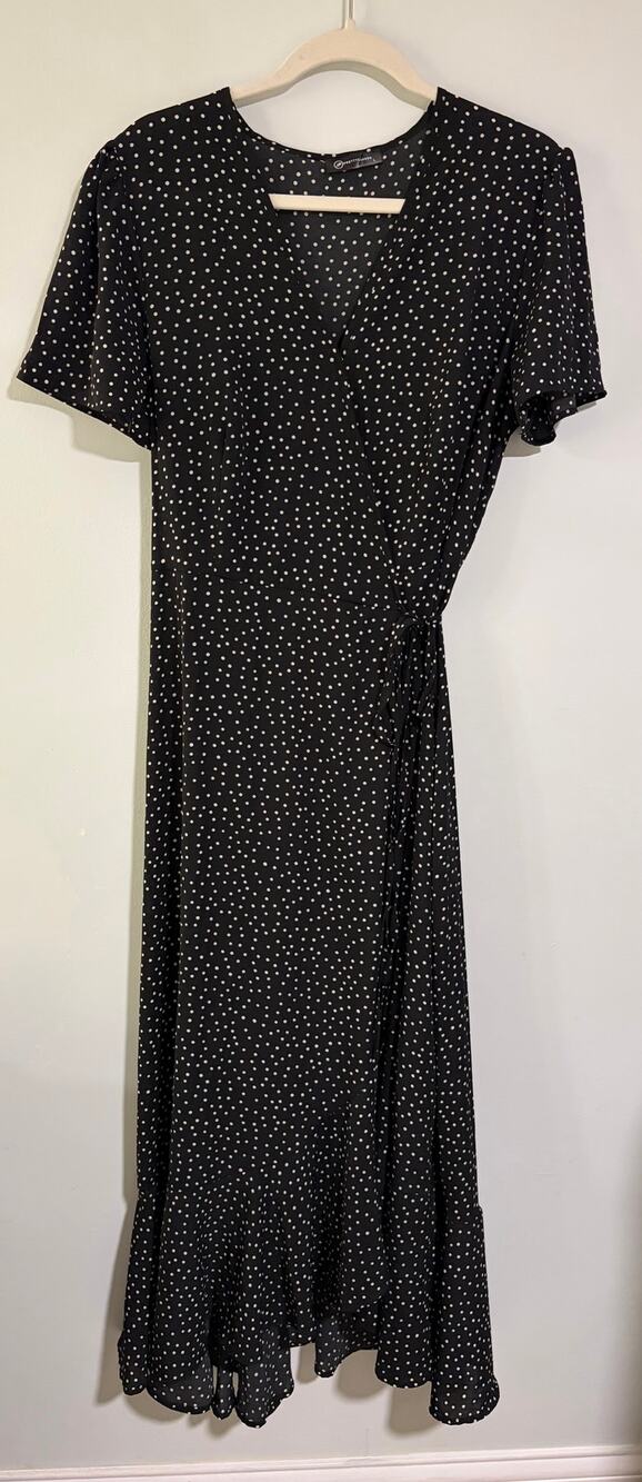 PRETTYGARDEN Black White Polka Dot Wrap Maxi Dress Large Ruffle Hem